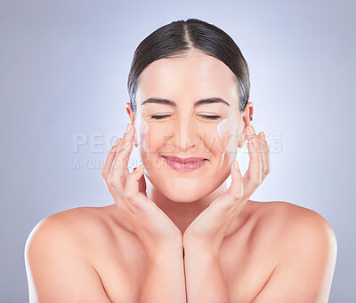Buy stock photo Happy skincare, face and woman with cream product for luxury makeup, facial cosmetics or female acne protection. Studio dermatology, collagen hydration and beauty person isolated on grey background