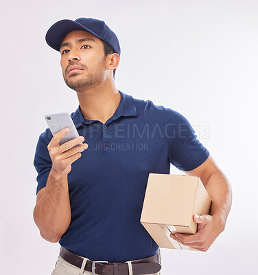 Buy stock photo Delivery, ecommerce and courier with a phone using map to navigate with mobile app on the internet, web or website. Box, package and man worker holding shipment isolated in a studio white background