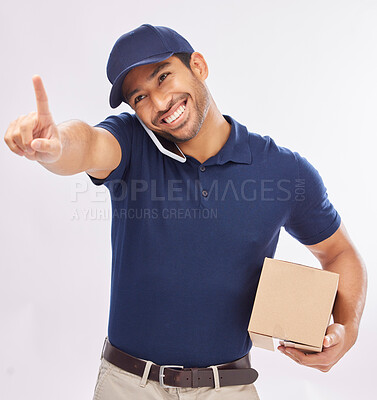 Buy stock photo Phone call, delivery and man with box in studio isolated on a white background. Shipping, logistics and smile of happy Asian male courier with package and cellphone for ecommerce, talking or chatting