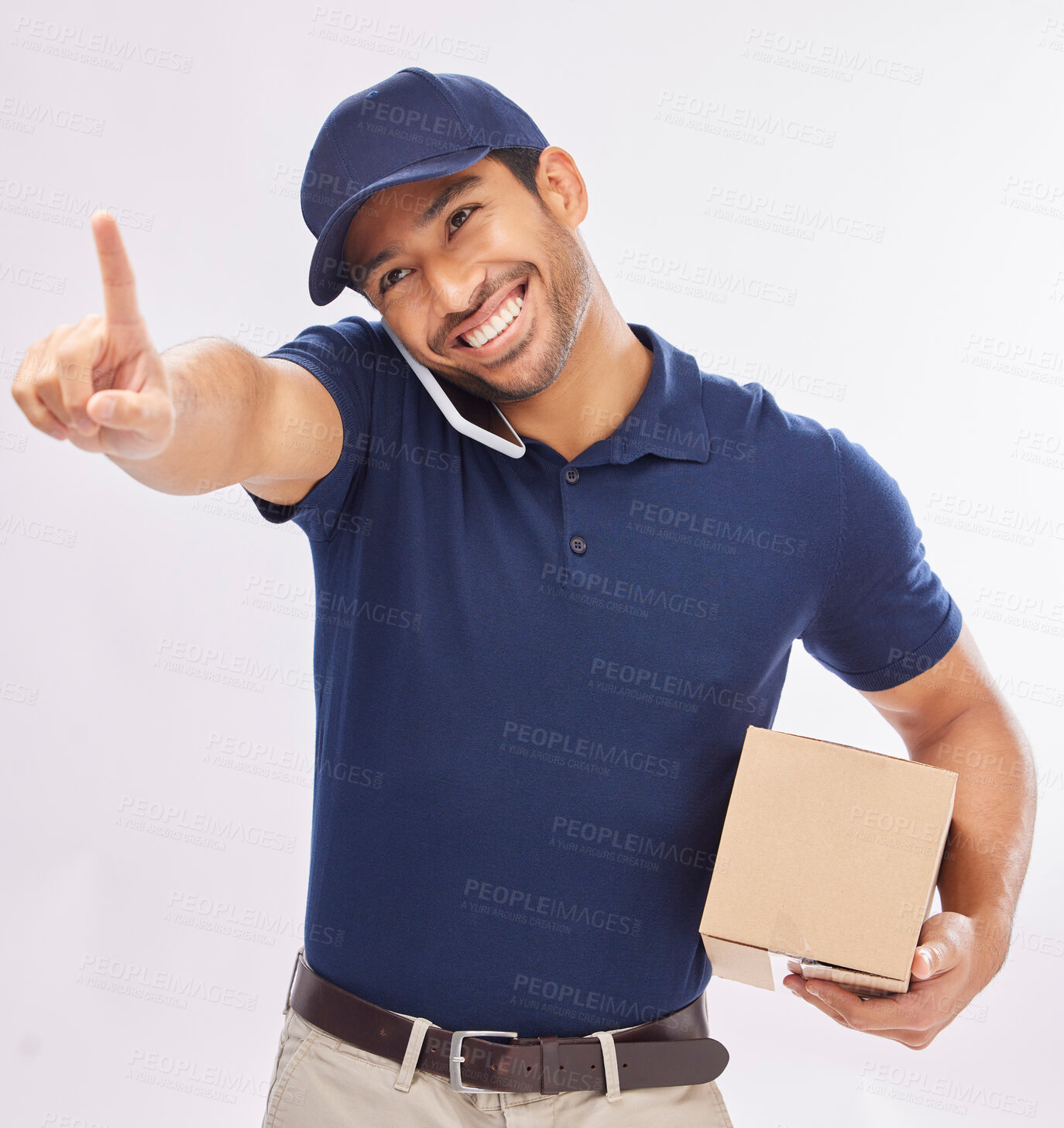 Buy stock photo Phone call, delivery and man with box in studio isolated on a white background. Shipping, logistics and smile of happy Asian male courier with package and cellphone for ecommerce, talking or chatting