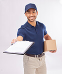 Delivery man,  package in portrait and smile, clipboard for signature and box, shipping isolated on white background. Paper invoice, customer to sign and happy male in studio with commercial service
