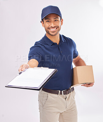Buy stock photo Delivery man, package in portrait and smile, clipboard for signature and box, shipping isolated on white background. Paper invoice, customer to sign and happy male in studio, logistics and service
