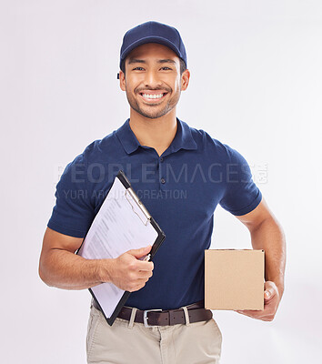 Buy stock photo Delivery man,  package and portrait, happy and clipboard for signature, shipping box isolated on white background. Paper invoice, customer to sign and male smile in studio, supply chain and logistics