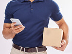 Delivery man with package in hands, phone and box, ecommerce and shipping isolated on white background. Communication, fintech and zoom, digital invoice and male in studio with commercial service