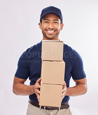 Buy stock photo Delivery man portrait, shipping export and box of a employee in studio with courier service and a smile. Boxes, supply chain and happiness of a worker with online shopping, mail services and parcel