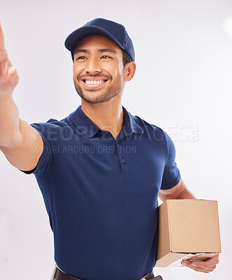 Buy stock photo Delivery man, shipping box and smile of a employee in studio with courier service. Happy, retail supply chain and store export of a worker with distribution, online shopping and mail services
