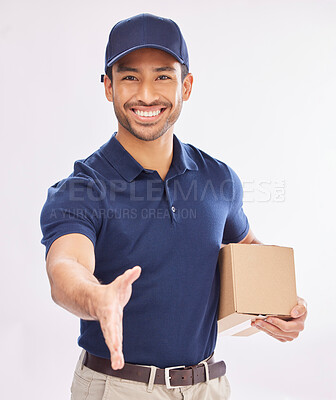 Buy stock photo Box, portrait smile and delivery man with handshake in studio isolated on a white background. Welcome, greeting or happy Asian male courier with package shaking hands for hello, logistics deal or crm