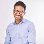 Portrait, vision and eyewear with a man in studio on a gray background to promote eye care or optometry. Face, glasses or eyesight with a handsome young male wearing new prescription frame spectacles