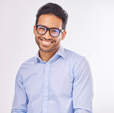 Buy stock photo Portrait, vision and eyewear with a man in studio on a white background to promote eye care optometry. Face, glasses or eyesight with a handsome young male wearing new prescription frame spectacles