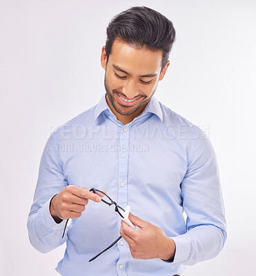 Buy stock photo Man hands, wipe glasses and cleaning in studio with eye health, fashion lens or white background. Businessman, spectacles and cloth for clean glass, vision or eyesight with frame for eyes by backdrop