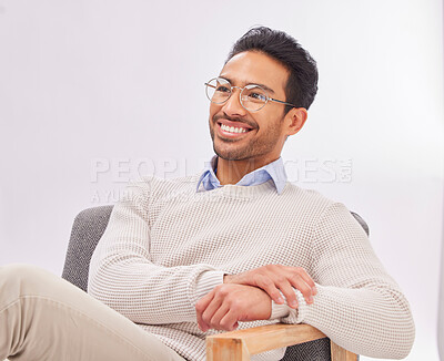 Buy stock photo Psychologist thinking, mental health and man with smile in therapy and listen with treatment on studio background. Therapist, counseling and happy male with medical consultation, help and psychology
