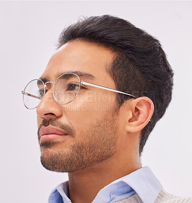 Buy stock photo Business, glasses and man thinking, concentration and professional with confidence, startup success and ideas. Male consultant, employee or ceo with eyewear, clear vision or opportunity for promotion