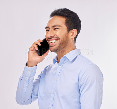 Buy stock photo Phone call, smile and business man talking in studio isolated on a white background. Cellphone, communication and happy Asian male professional with mobile for funny discussion, speaking or chatting.