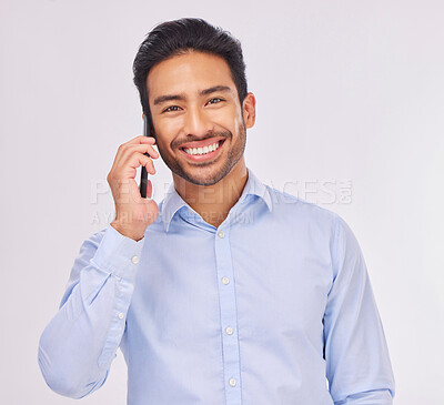 Buy stock photo Phone call, smile and portrait of business man in studio isolated on a white background. Face, cellphone communication and happy Asian male professional with mobile for talking, speaking or chatting.