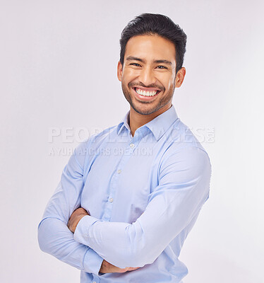 Buy stock photo Smile, portrait and business man with arms crossed in studio isolated on a white background. Ceo, professional boss and happy, confident or proud Asian male entrepreneur from Singapore with job pride