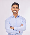 Portrait, smile and business man with arms crossed in studio isolated on a white background. Ceo, professional boss and happy, confident or proud Asian male entrepreneur from Singapore with job pride