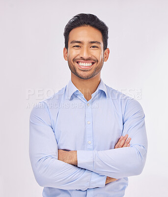 Buy stock photo Portrait, smile and business man with arms crossed in studio isolated on a white background. Ceo, professional boss and happy, confident or proud Asian male entrepreneur from Singapore with job pride