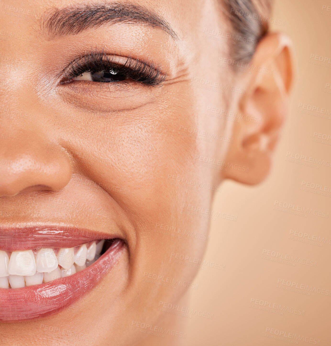 Buy stock photo Happy, portrait and closeup of woman in studio for makeup, cosmetic and skincare on brown background. Smile, face and zoom on girl excited for beauty, treatment or dermatology, smiling and isolated