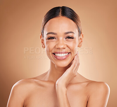 Buy stock photo Portrait, skincare or happy woman with beauty in studio smiling young model face on beige background. Dermatology self love, natural smile or beautiful girl with facial treatment or glowing results 