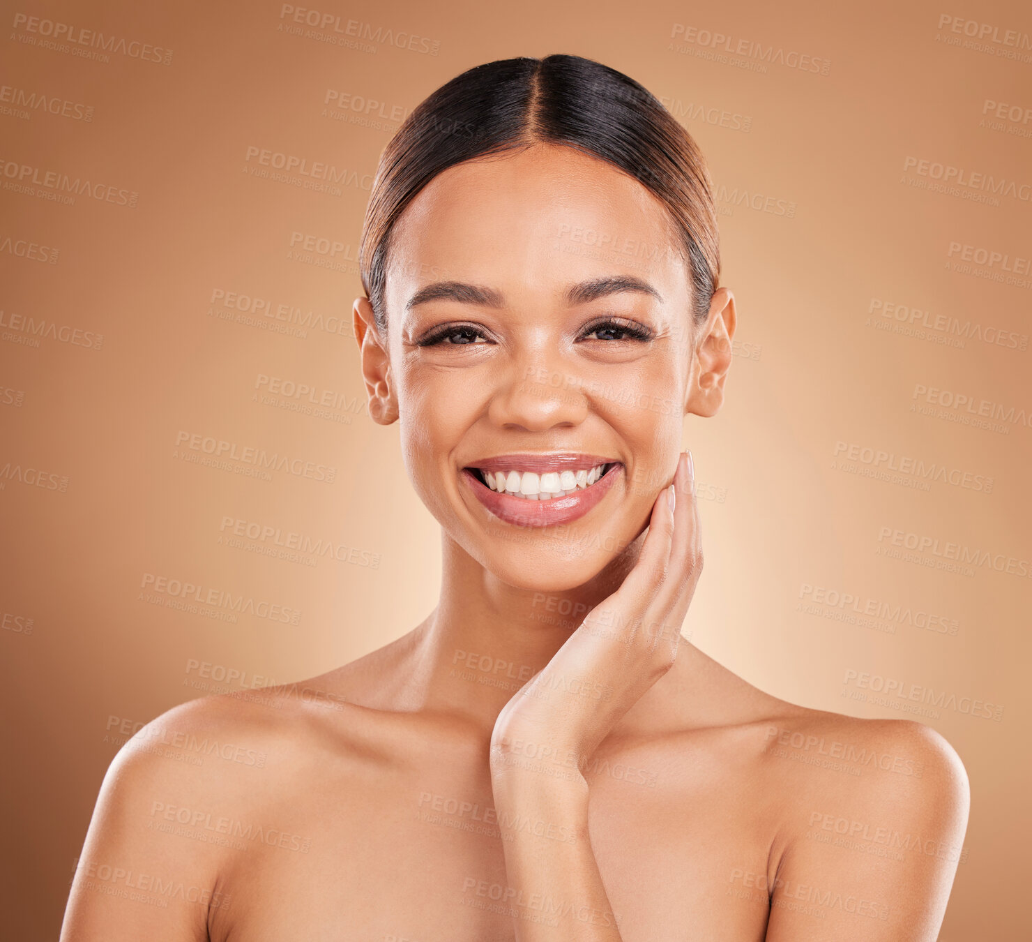 Buy stock photo Portrait, skincare or happy woman with beauty in studio smiling young model face on beige background. Dermatology self love, natural smile or beautiful girl with facial treatment or glowing results 