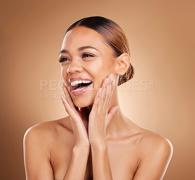 Buy stock photo Beauty, smile and a woman with hands on face for skin care glow and shine in studio on brown background. Aesthetic female model laugh and satisfied with spa facial, dermatology cosmetic and wellness 