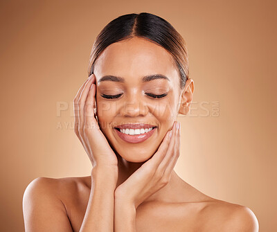 Buy stock photo Skincare, natural beauty smile and relax woman with soft skin from facial and dermatology. Self care, isolated and studio background with a young model feeling face after spa and cosmetics treatment