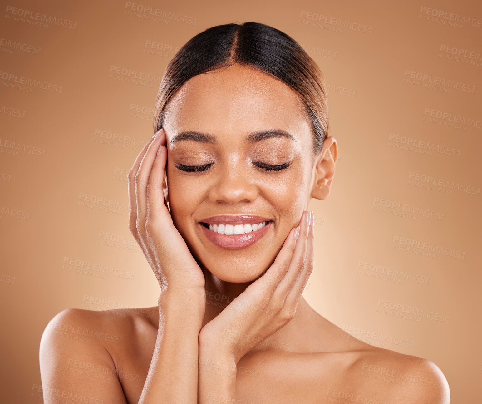 Buy stock photo Skincare, natural beauty smile and relax woman with soft skin from facial and dermatology. Self care, isolated and studio background with a young model feeling face after spa and cosmetics treatment