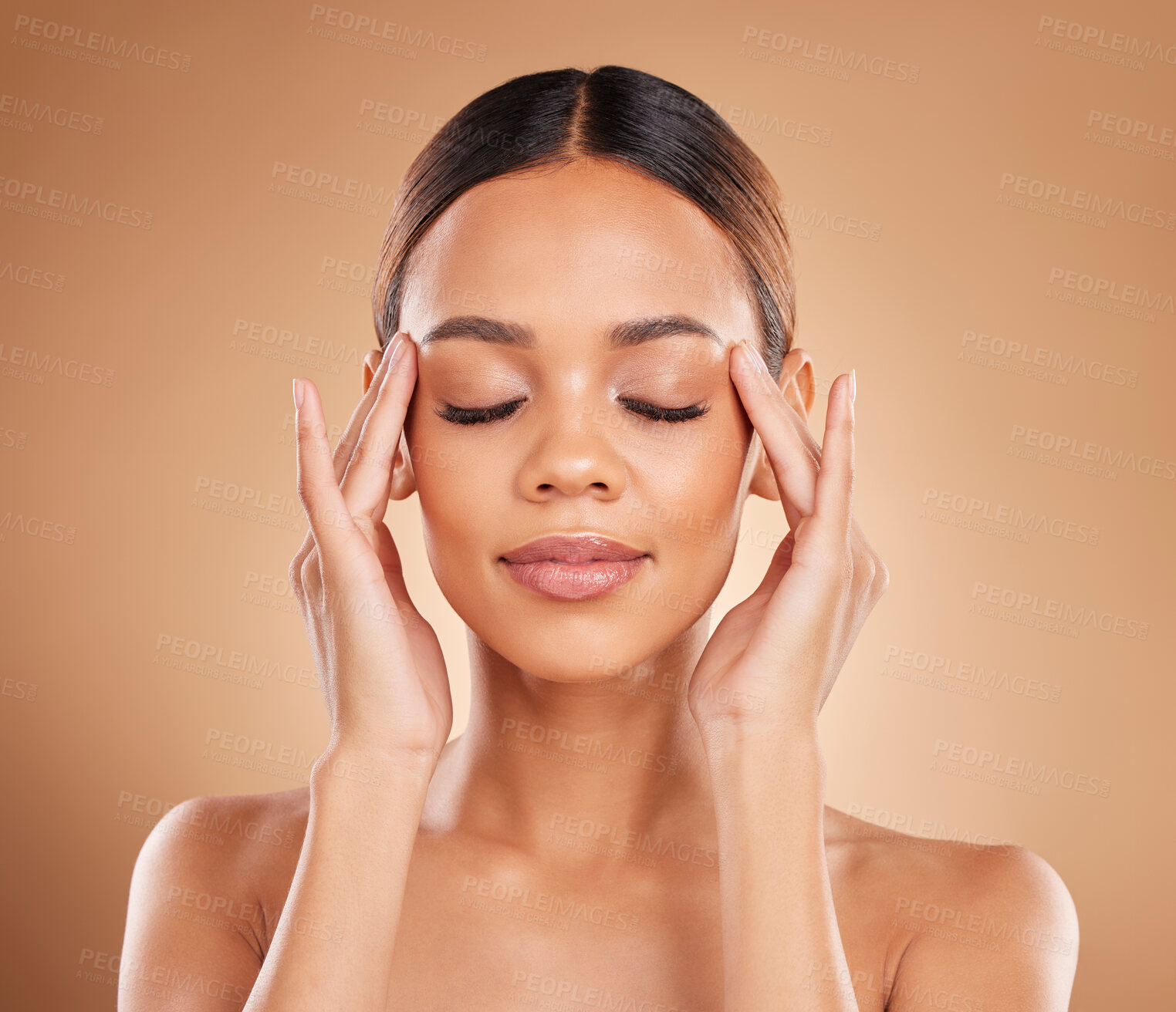 Buy stock photo Beauty, calm and a woman with hands on face for skin care glow and natural shine in studio on brown background. Aesthetic model happy and satisfied with spa facial, dermatology cosmetic and wellness 