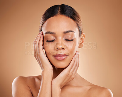 Buy stock photo Wellness, natural beauty and woman with soft skin from facial and dermatology. Self care, skincare and studio background with a young model feeling face texture after spa and cosmetics treatment