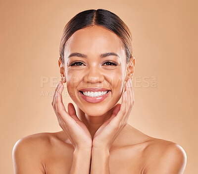 Buy stock photo Smile, skincare portrait or happy woman with natural beauty or young face on beige background in studio. Dermatology cosmetics, wellness or beautiful girl with facial treatments or glowing results