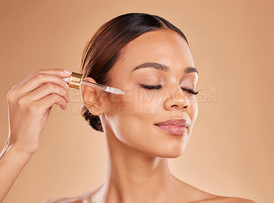 Buy stock photo Beauty serum, oil or model woman in studio on beige background in a facial skincare grooming spa. Face, eyes closed or natural girl with essential oils or glowing luxury self care hydration products