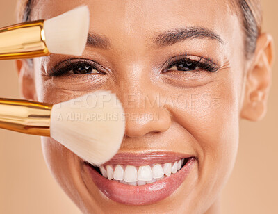 Buy stock photo Makeup brushes, portrait or happy woman with smile, face products or self care on studio background. Facial model, closeup or beautiful girl smiling with beauty cosmetics or natural glowing skincare 