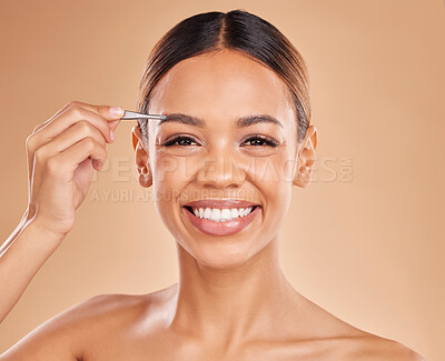 Buy stock photo Beauty, eyebrows and portrait of woman and tweezers in studio for clean, self care and cosmetics. Facial, plucking and shape with female model on brown background for hair removal and skincare