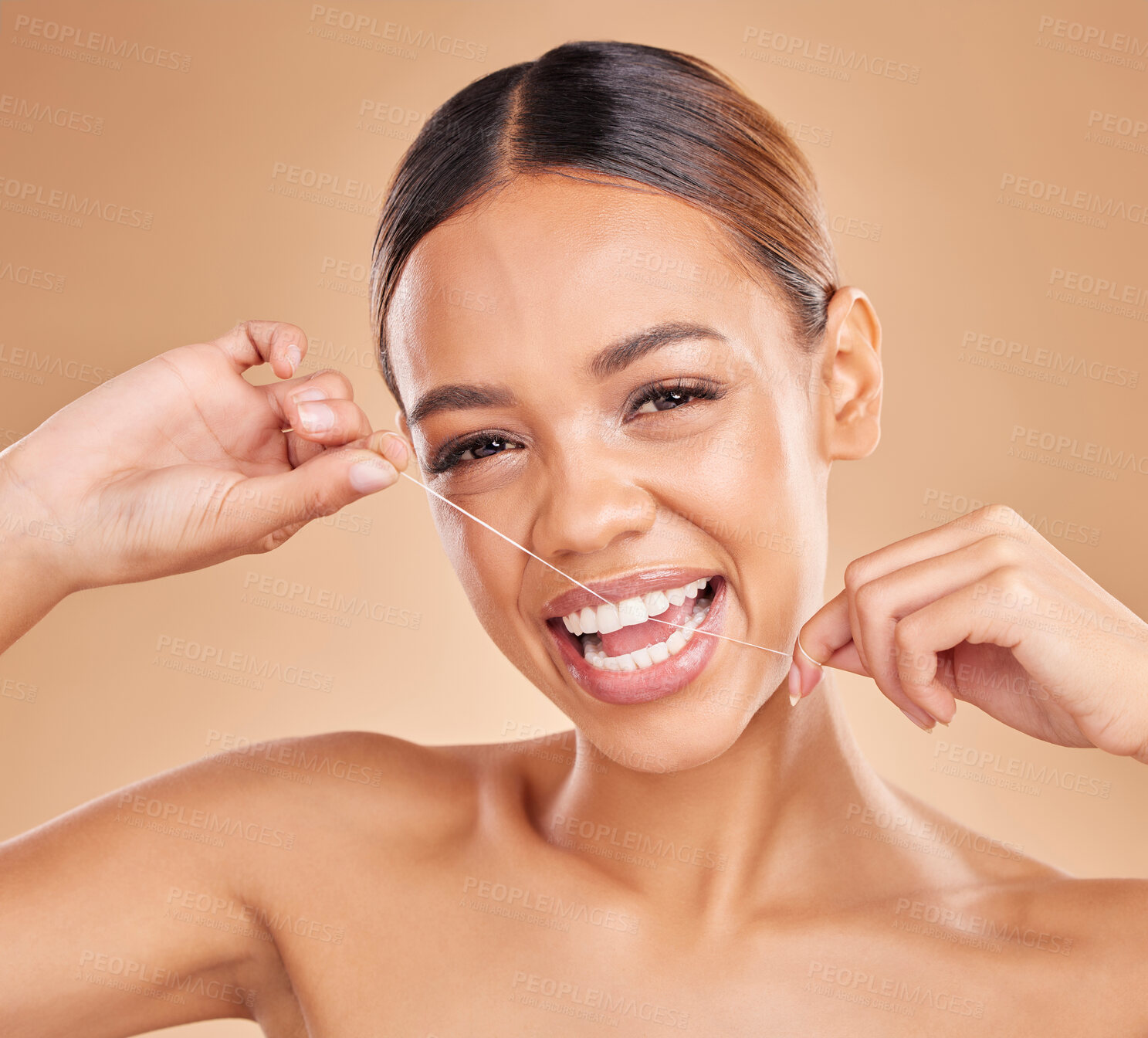 Buy stock photo Portrait, dental floss and woman in studio for oral hygiene, fresh and breath on brown background. Face, teeth and  gum health by girl model flossing for tooth care, cleaning and cavity prevention