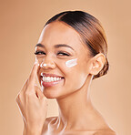 Skincare portrait, face and woman with cream in studio isolated on a brown background. Dermatology, beauty cosmetics and happy female model with lotion, creme or facial moisturizer for skin health.