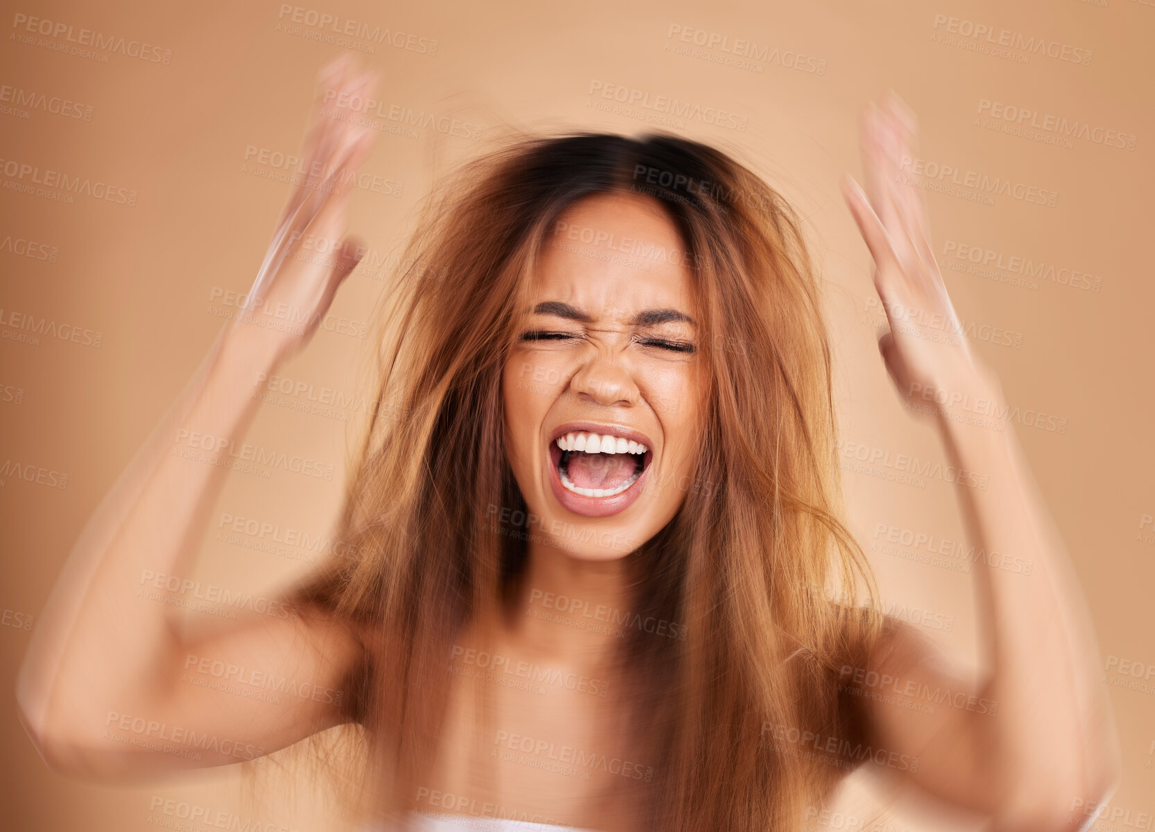 Buy stock photo Anger, screaming and woman with hair loss in studio isolated on a brown background. Haircare, damage and upset female model shouting after salon treatment fail, split ends or messy hairstyle problem