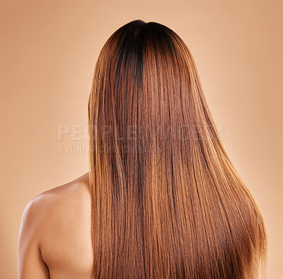 Buy stock photo Haircare, beauty and back of woman with straight hair in studio isolated on brown background. Balayage, wellness and female model with salon treatment for growth, keratin texture or healthy hairstyle