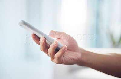 Buy stock photo Closeup, mockup and hand with smartphone, typing and connection with communication, social media and texting. Zoom, hands and cellphone for online reading, search internet and information on website
