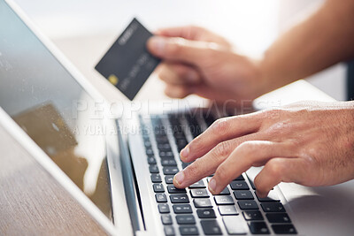 Buy stock photo Hands, laptop and credit card for ecommerce, online shopping or electronic purchase on wooden desk. Hand of shopper working on computer keyboard for internet banking, app or wireless transaction