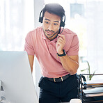 Serious asian man, call center and computer in customer service or desktop support at office desk. Male consultant agent standing by PC in telemarketing advice or insurance with headset at workplace