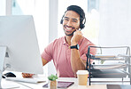 Happy asian man, call center and headphones by computer for consulting, customer service or support at office desk. Portrait of friendly male consultant with headset mic by PC in telemarketing advice