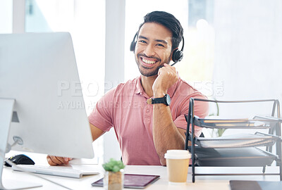 Buy stock photo Happy asian man, call center and headphones by computer for consulting, customer service or support at office desk. Portrait of friendly male consultant with headset mic by PC in telemarketing advice