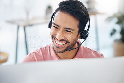 Buy stock photo Asian man, call center and smile with headset by computer for consulting, customer service or support at office. Face of happy male consultant with headphones by PC for telemarketing or online advice