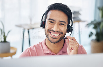 Buy stock photo Happy asian man, call center and portrait smile on computer for consulting, customer service or support at office. Friendly male consultant with headphones by PC for telemarketing or online advice