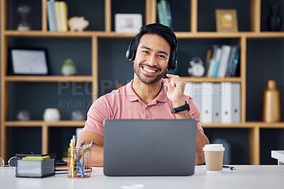 Buy stock photo Happy asian man, call center and smile on laptop for consulting, customer service or support at office desk. Portrait of male consultant with headphones by computer for telemarketing or online advice