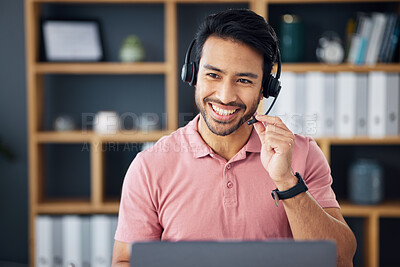 Buy stock photo Asian man, call center and headset on laptop with smile for consulting, customer service or support at office. Happy male consultant with headphones by computer for telemarketing or online advice