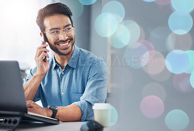 Buy stock photo Phone call, laptop and man thinking in business communication, networking and online feedback or news. Creative design, bokeh overlay and asian person talking on cellphone, computer and planning job