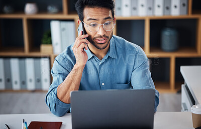 Buy stock photo Phone call, serious and businessman planning company growth strategy on mobile conversation as communication. Laptop, cellphone and surprised man startup entrepreneur in discussion at work
