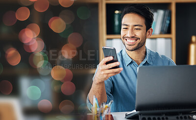Buy stock photo Phone, office bokeh and business man in online communication, networking and multimedia technology company. Professional asian person typing or reading on cellphone, smartphone or mobile app overlay