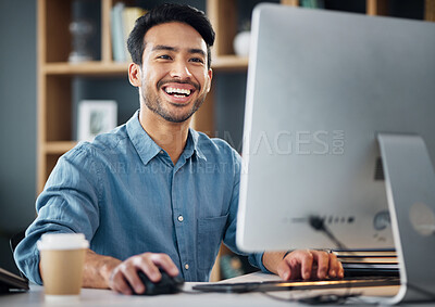 Buy stock photo Computer, research and business man in office working online for information technology, internet or global digital company. Asian person or worker planning, reading or editing report on desktop pc